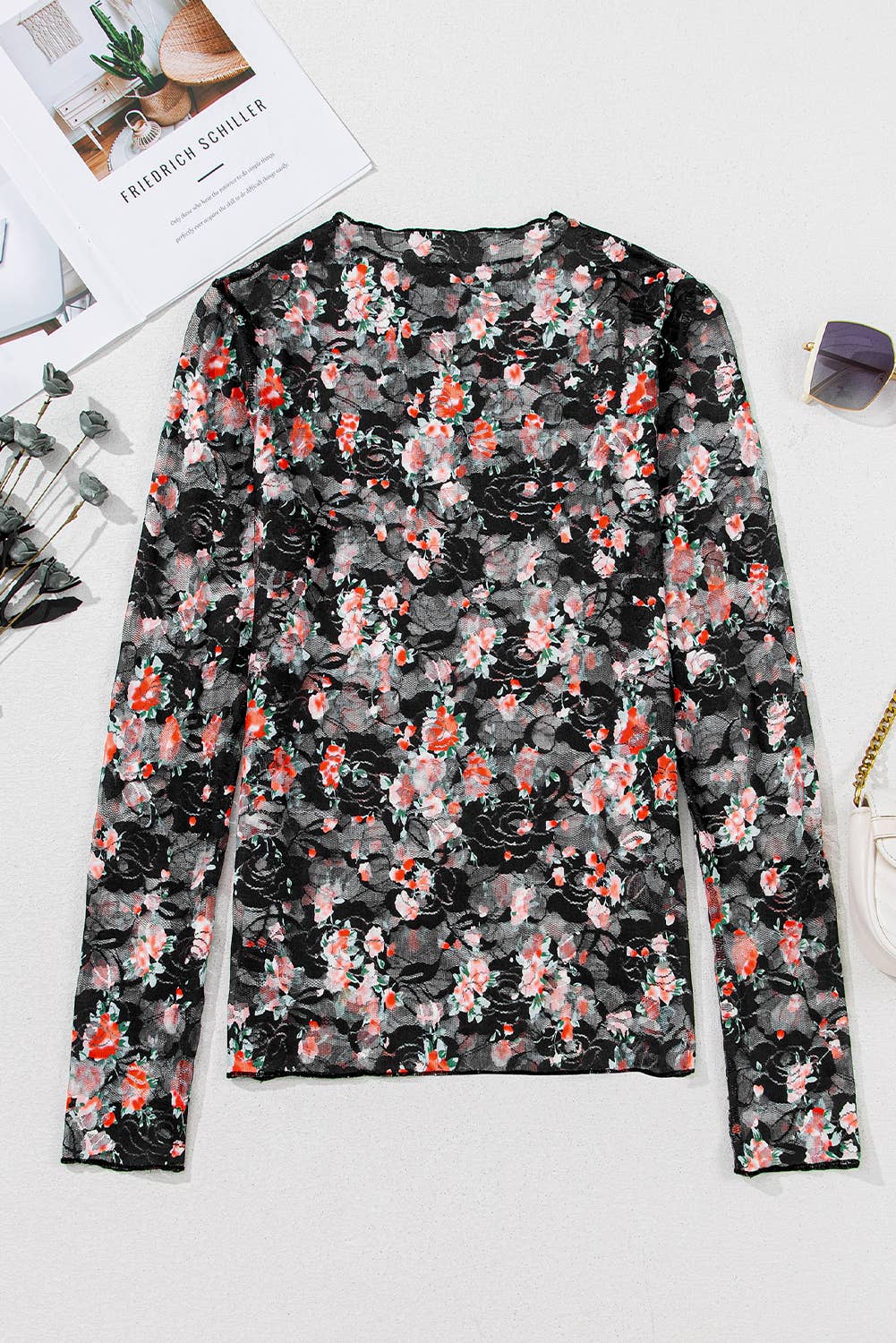 Stephanie Black Floral Mesh Long Sleeve Top