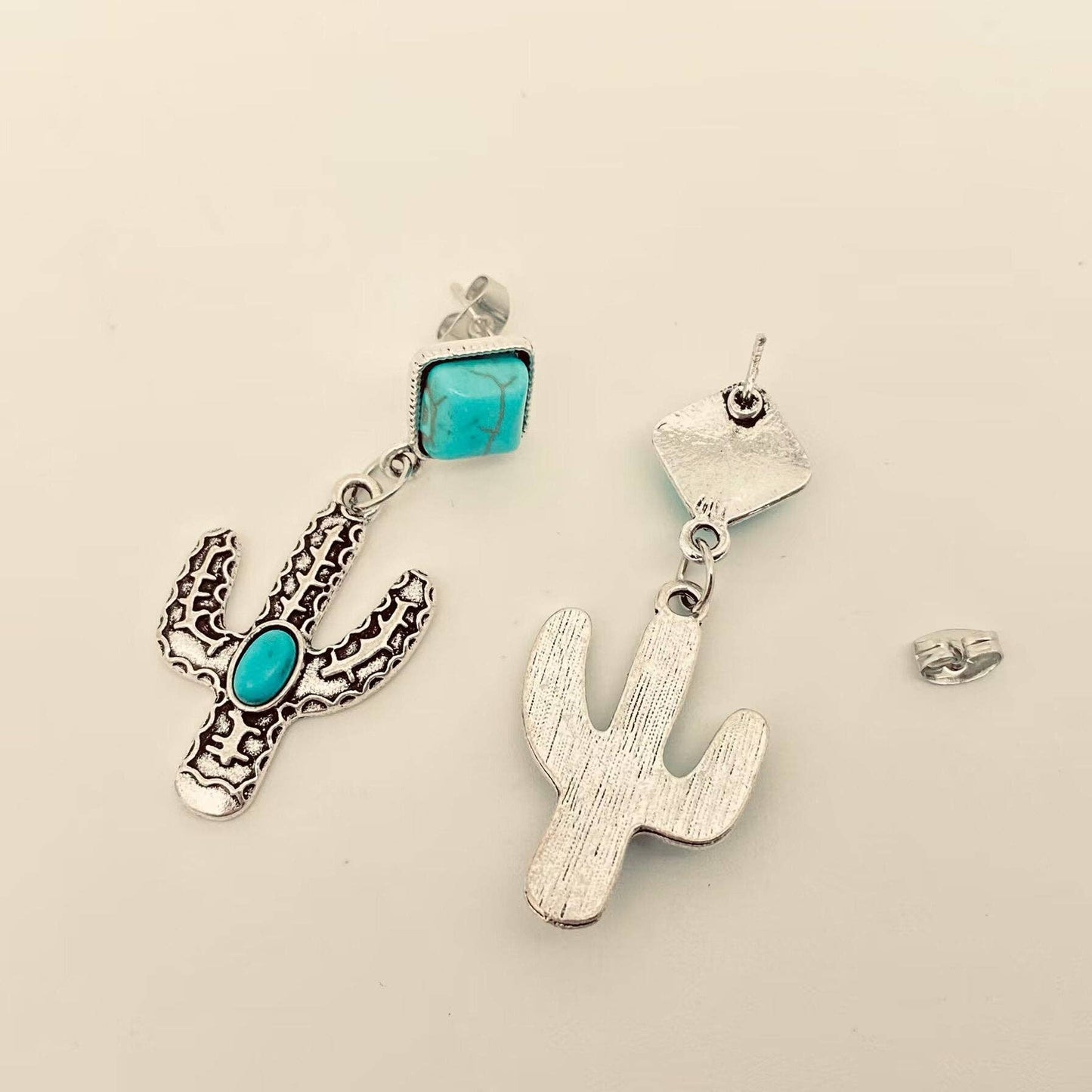 Turquoise Metal Cactus Pendant Western Style Post Earrings