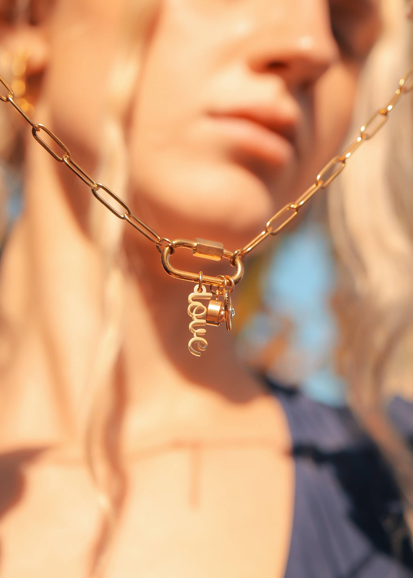 18K PVD Gold Carabiner "Love" Paperclip Charm Necklace
