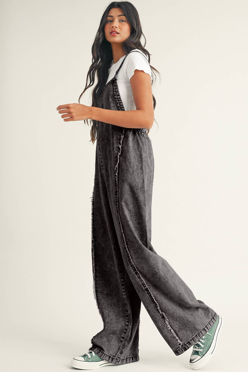 Dark Grey Wide-Leg Denim Overalls