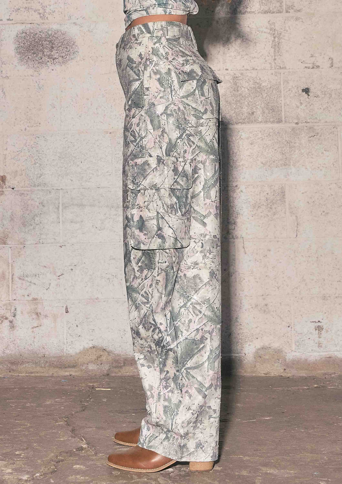 Rhinestone Camo Print Baggy Barrel Jeans