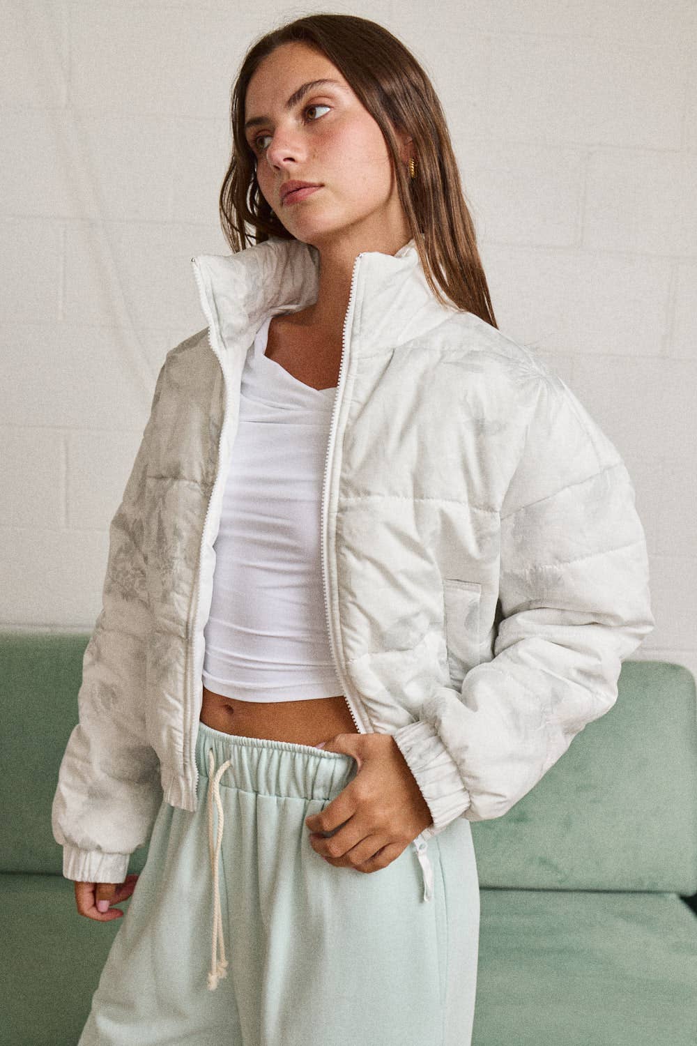 FLORAL ZIP UP PUFFER JACKET