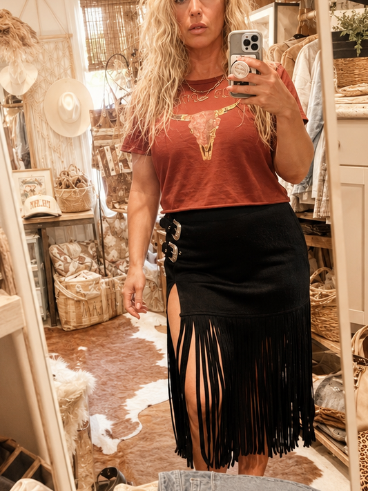 Black Suede Fringe Buckle Skirt