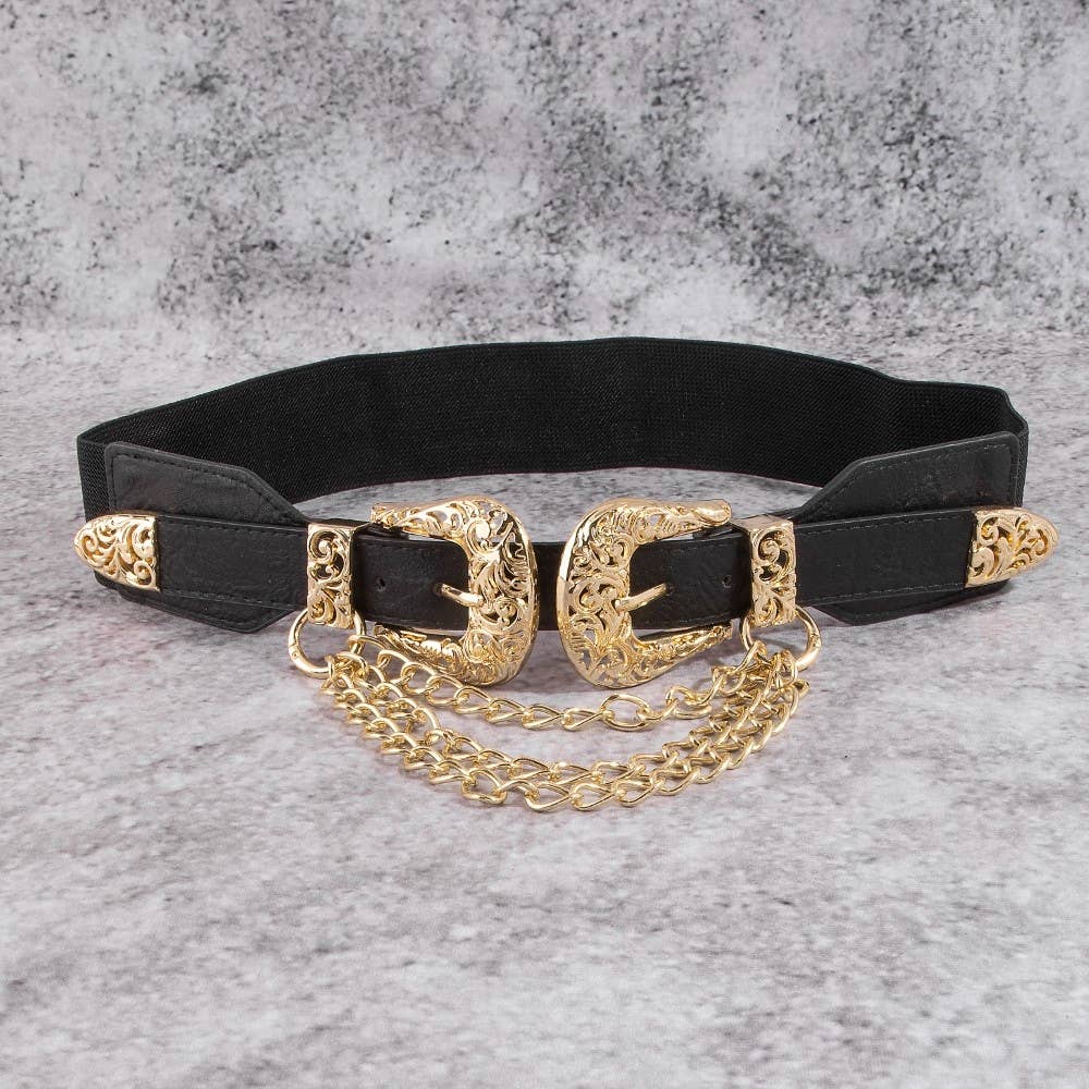 Gold Double Buckle Chain Detail Vegan Leather Belt