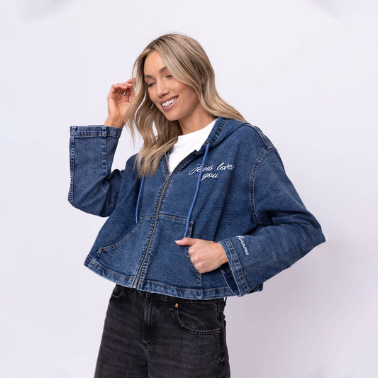 Vintage Washed Jesus Loves You Denim Hoodie