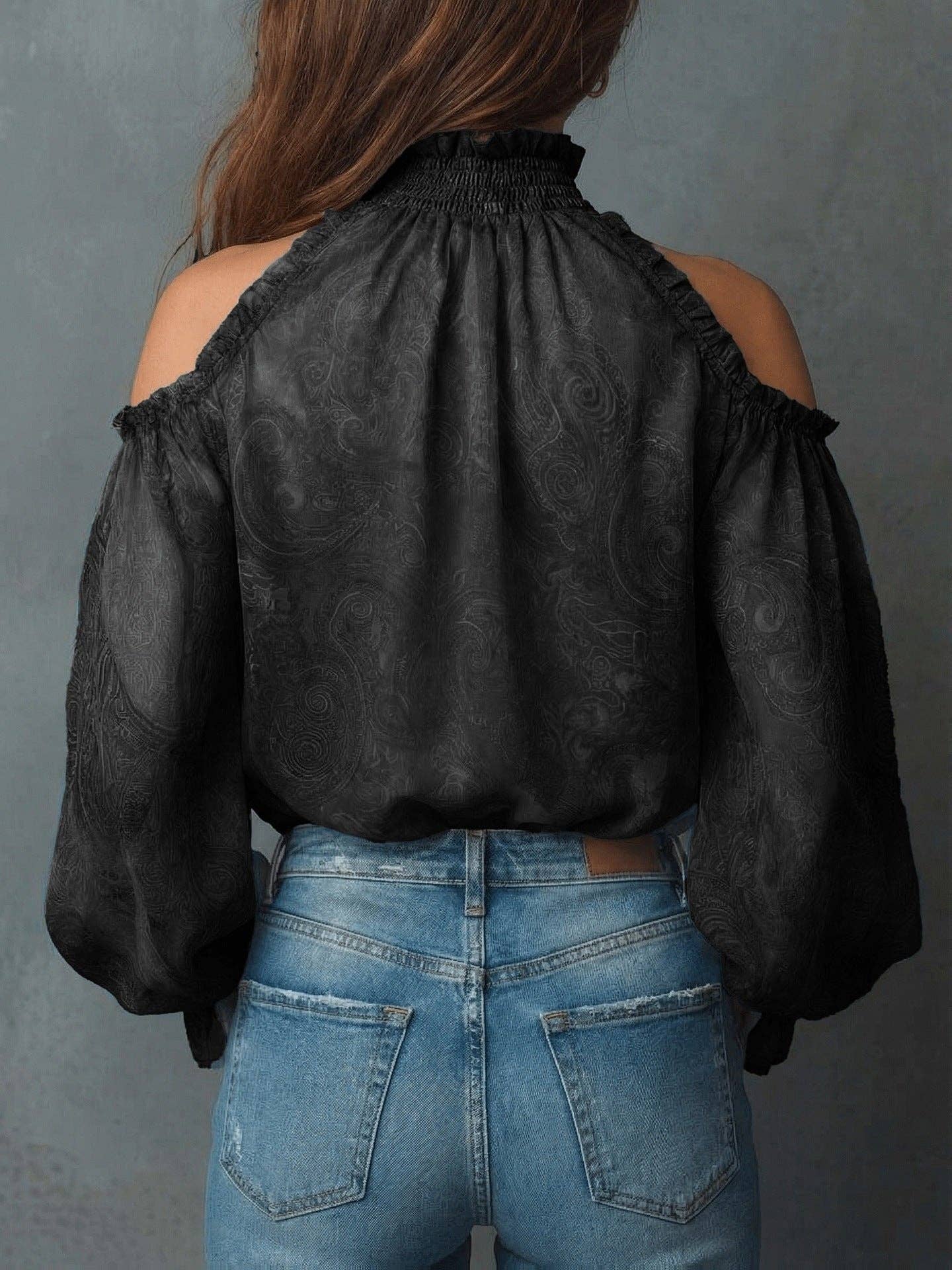 Chic Retro High Neck Off-Shoulder Chiffon Blouse with Lantern Sleeves