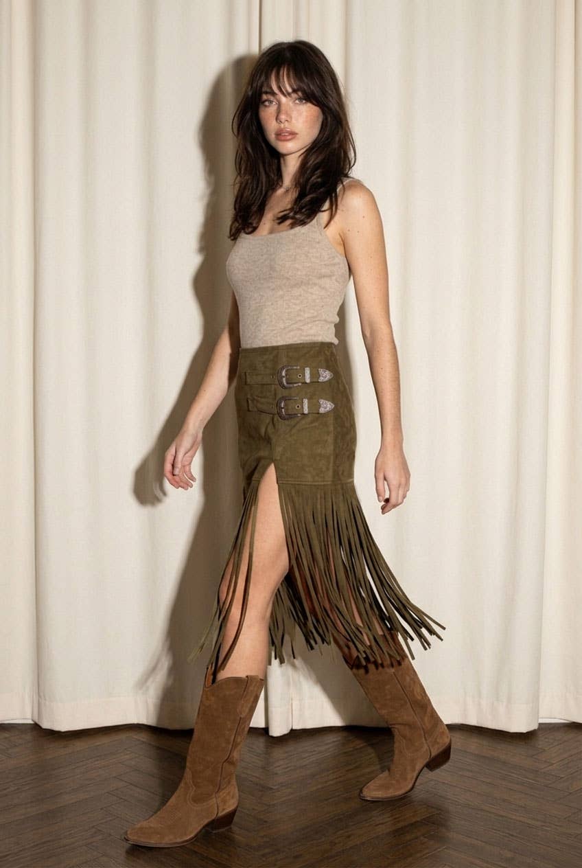 Black Suede Fringe Buckle Skirt