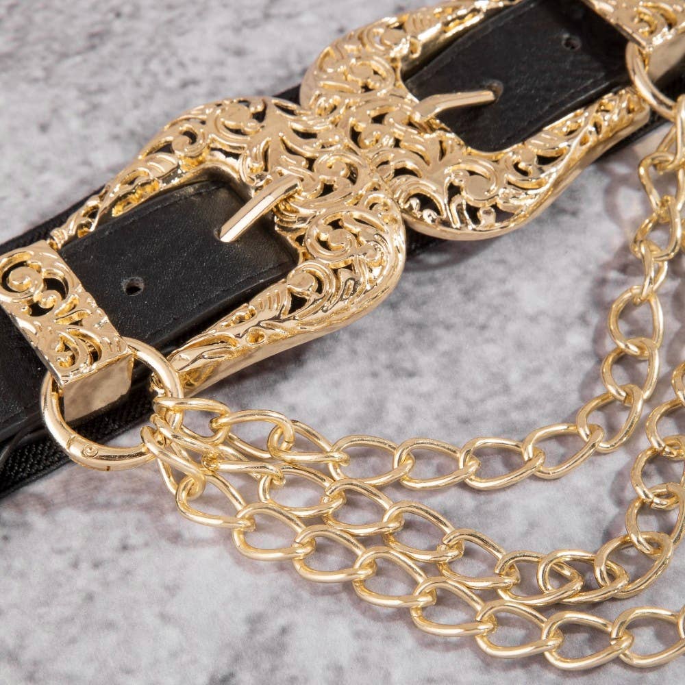 Gold Double Buckle Chain Detail Vegan Leather Belt