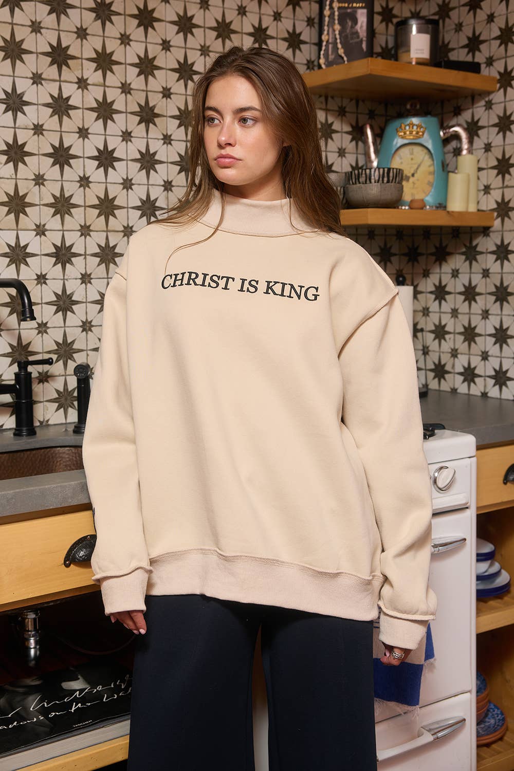 CHRIST IS KING Embroidered Mock Neck Sweats