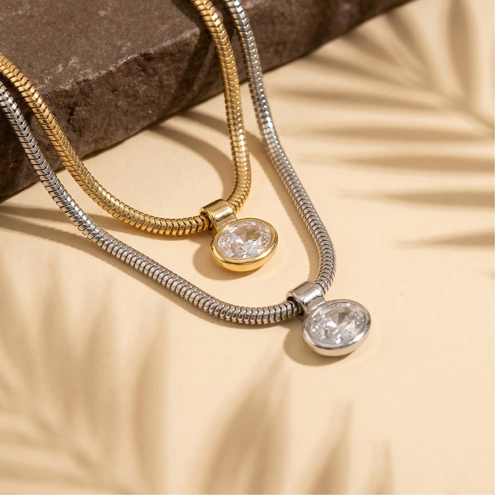 Oval Bezel Cz Snake Chain Necklace