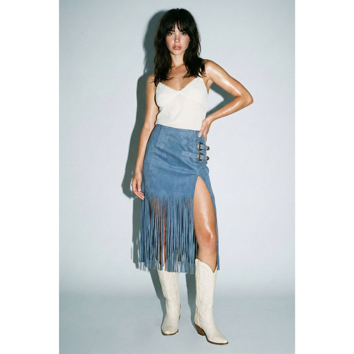 Black Suede Fringe Buckle Skirt
