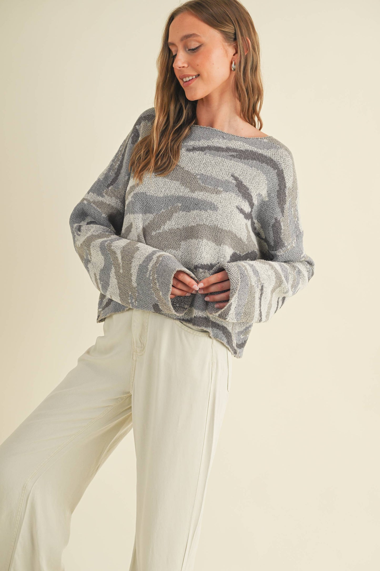 CAMO BOAT NECK LIGHTWEIGHT SWEATER