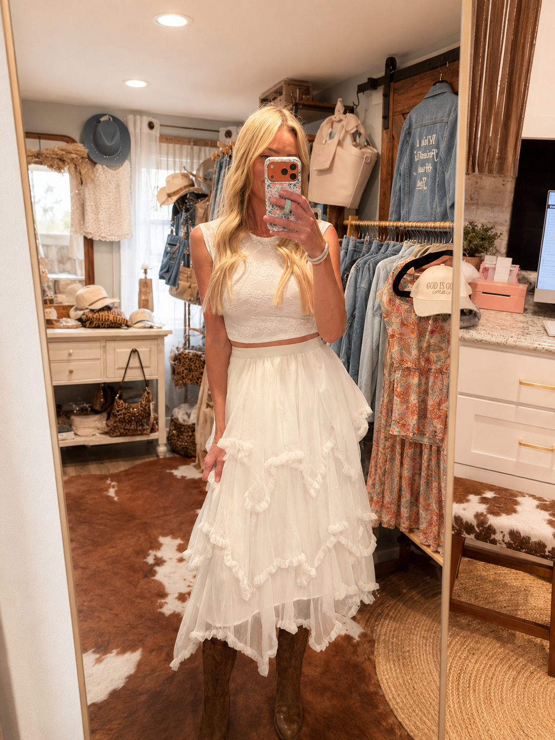 Backroads Layered Ruffle Midi Skirt