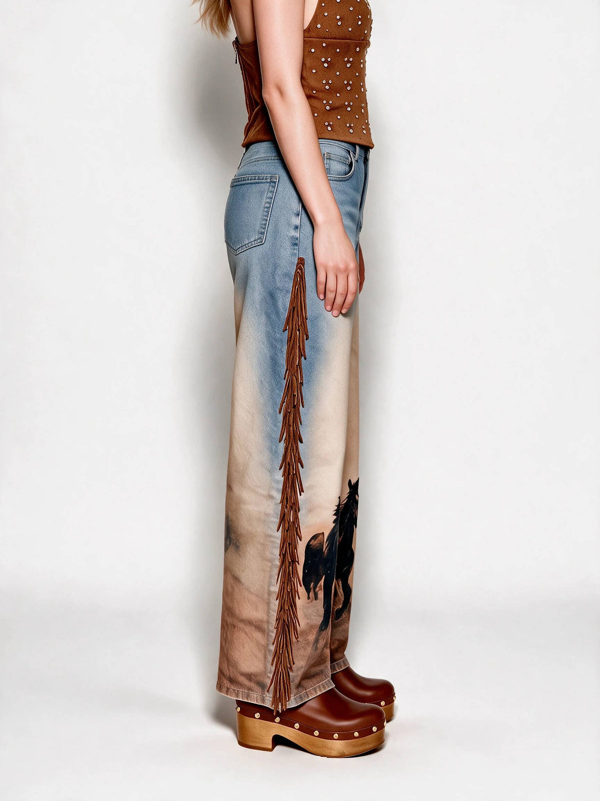 Western Horse Print Fringe Wide Leg Jeans