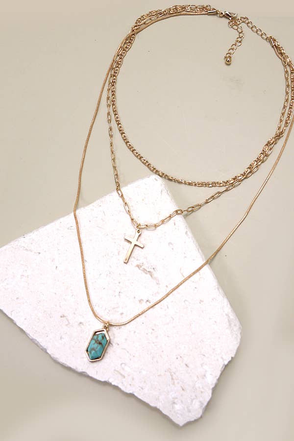 CROSS STONE  MULTI  LAYER CHAIN NECKLACE | 10N3032403