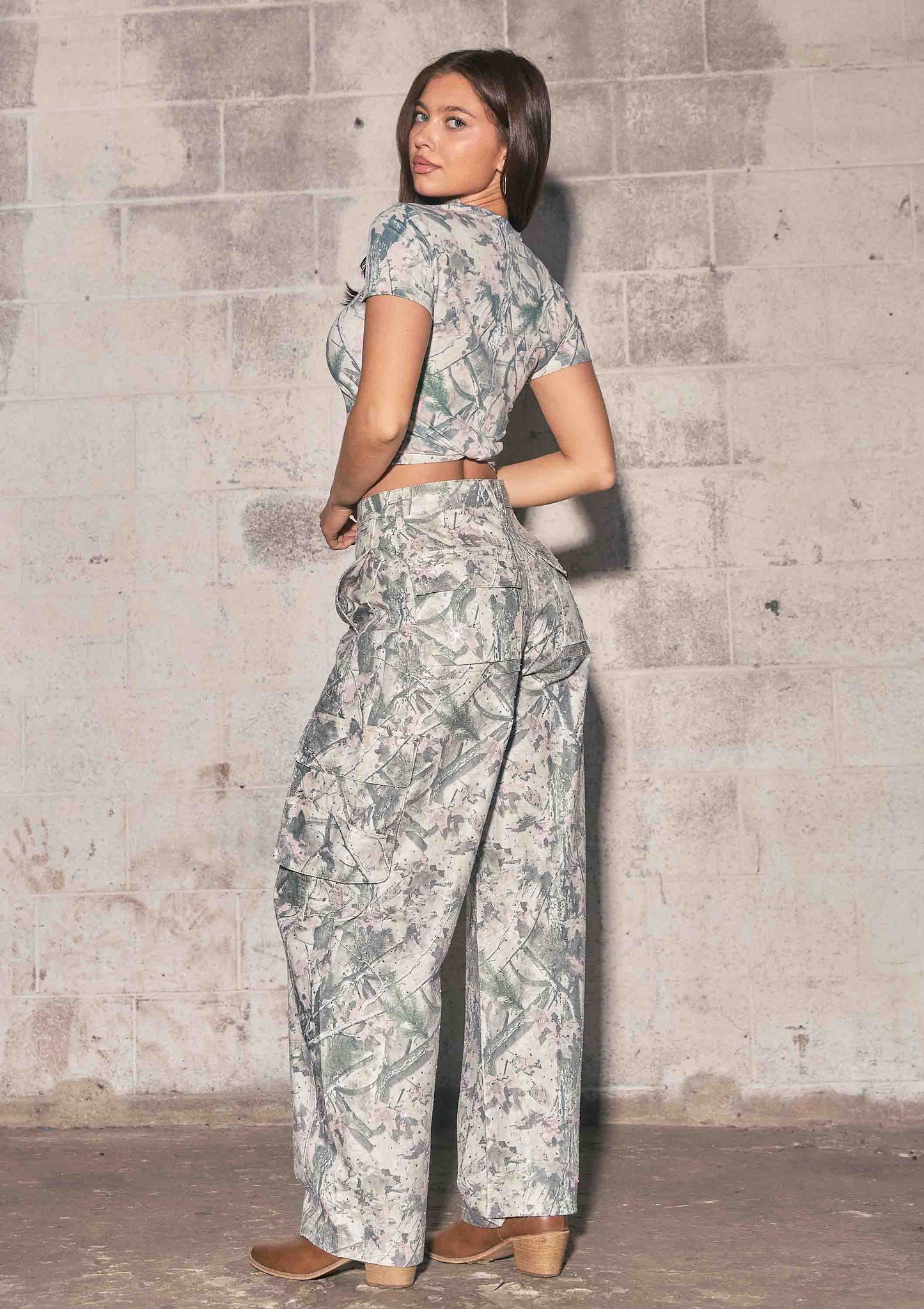 Rhinestone Camo Print Baggy Barrel Jeans