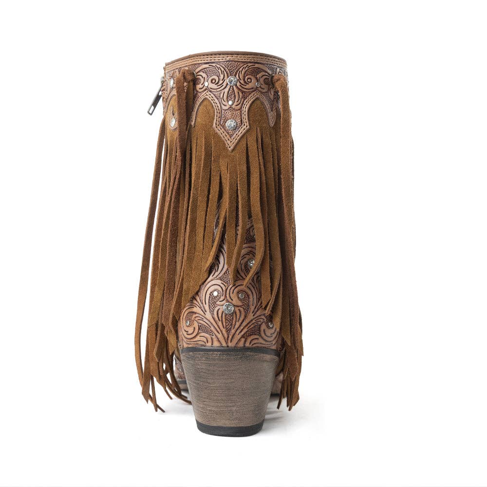 Goldrush Gleam Fringed Handtooled Leather Boots in Dusty Oak