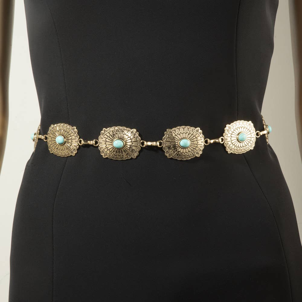 Western Concho Chain Belt With Turquoise Stone