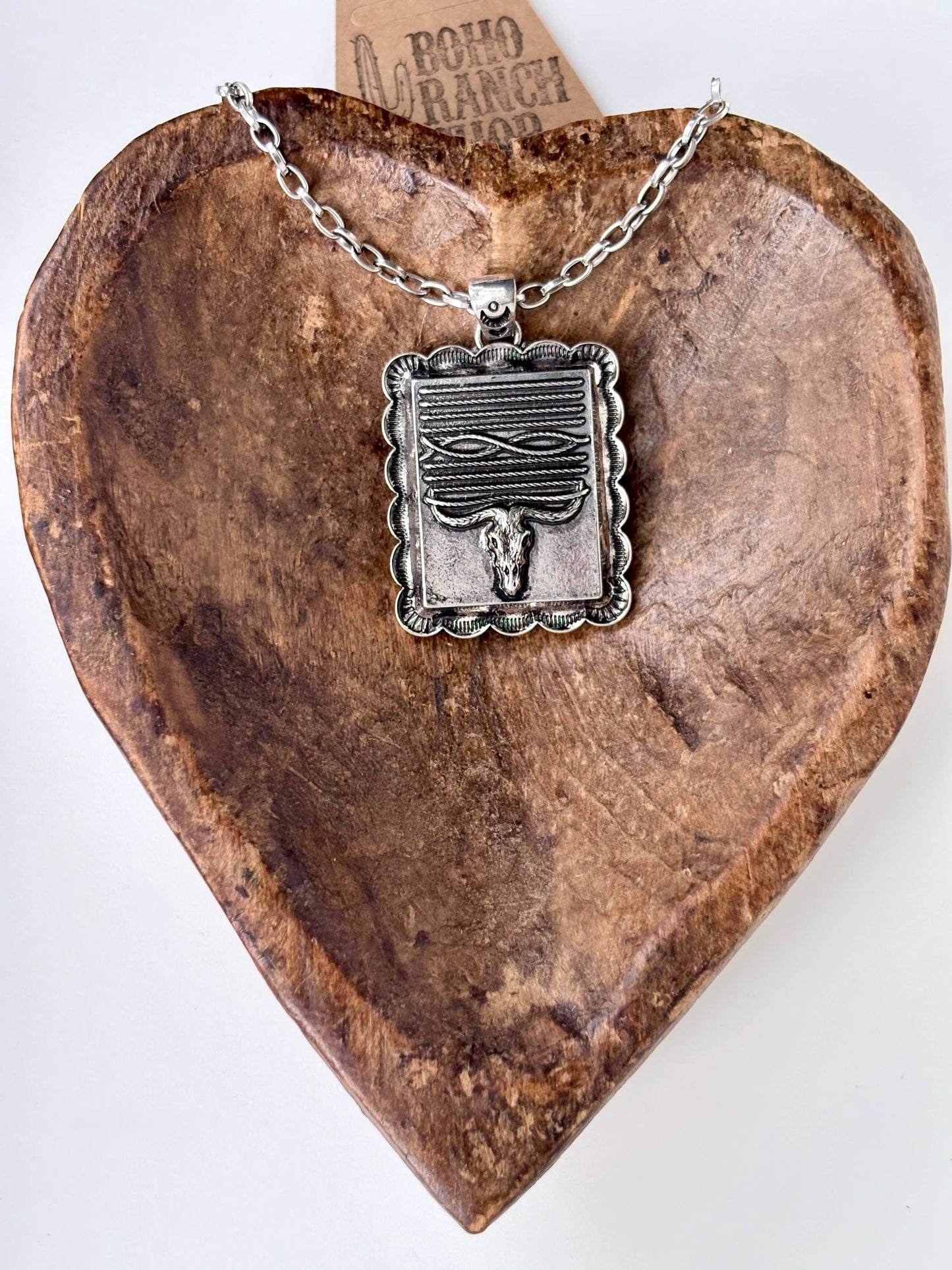 Western Style Steerhead Rectangle Pendant Necklace