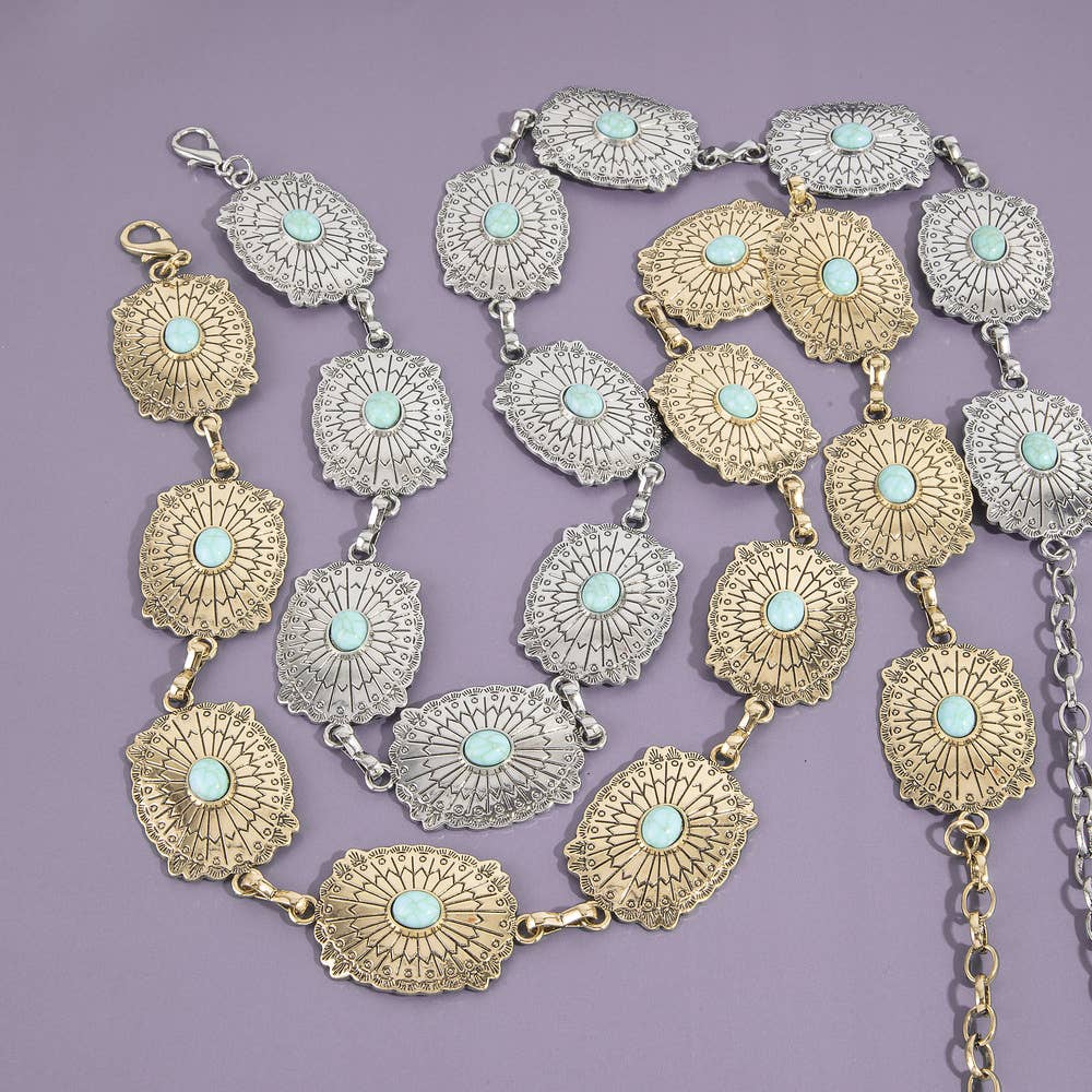 Western Concho Chain Belt With Turquoise Stone