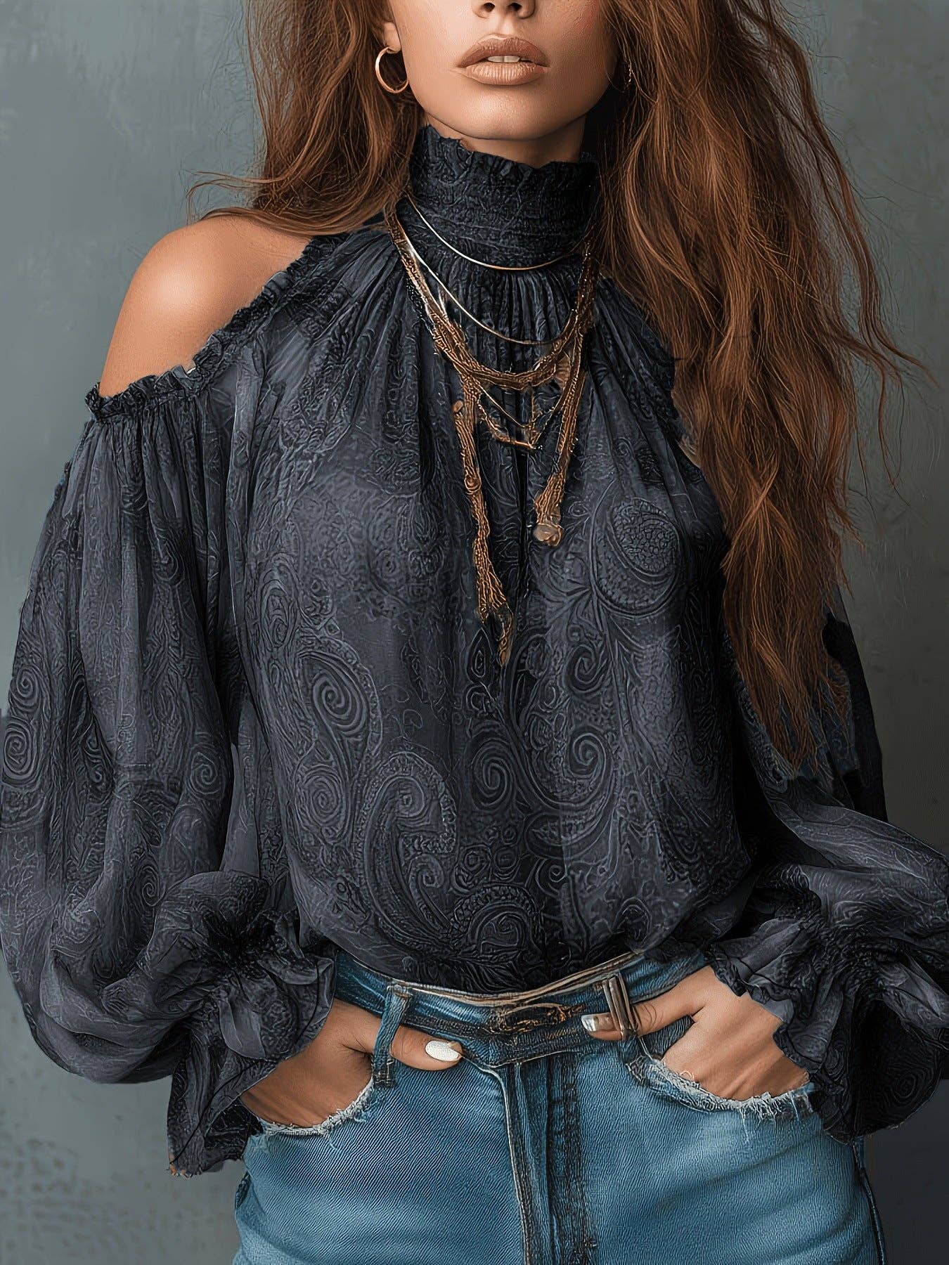 Chic Retro High Neck Off-Shoulder Chiffon Blouse with Lantern Sleeves