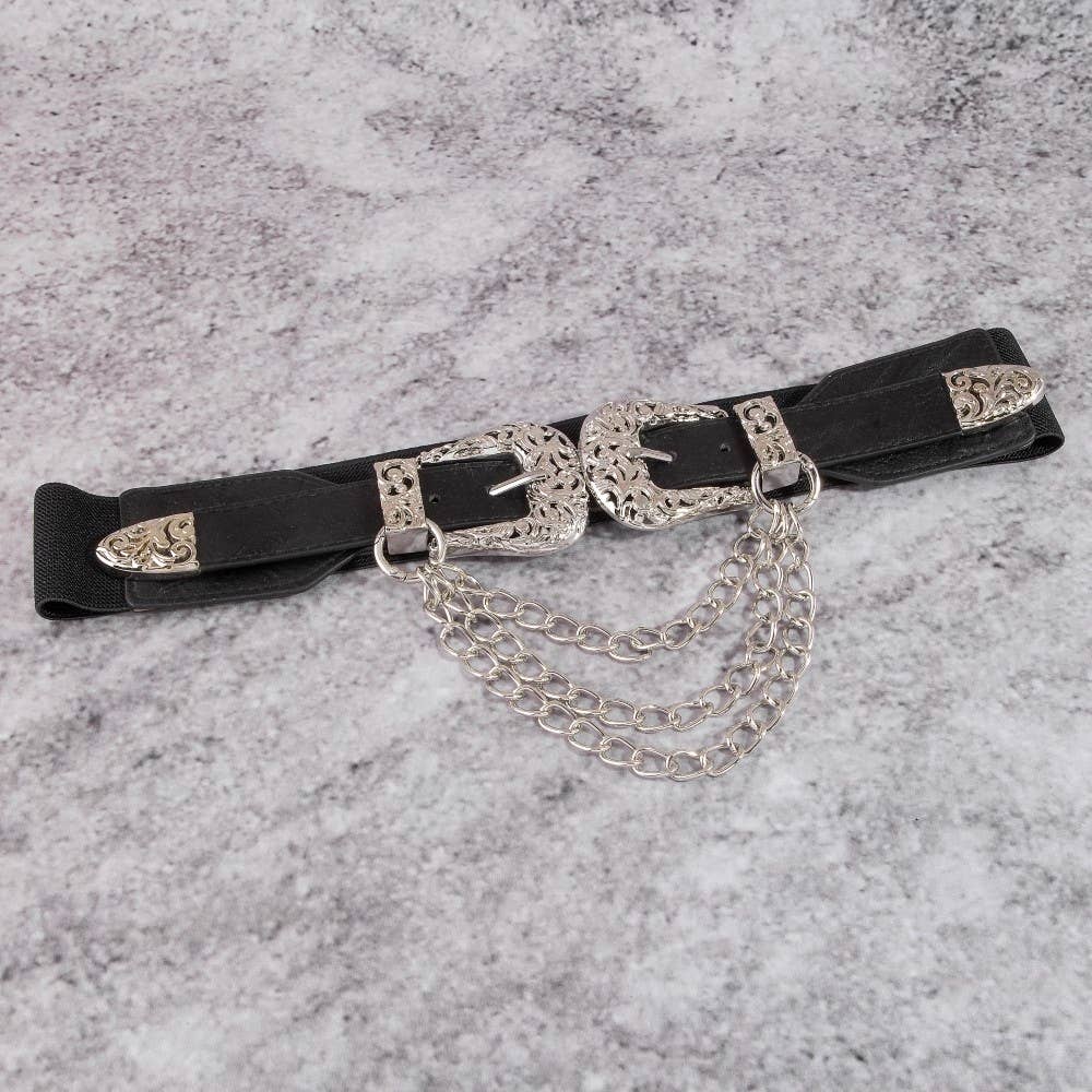Gold Double Buckle Chain Detail Vegan Leather Belt