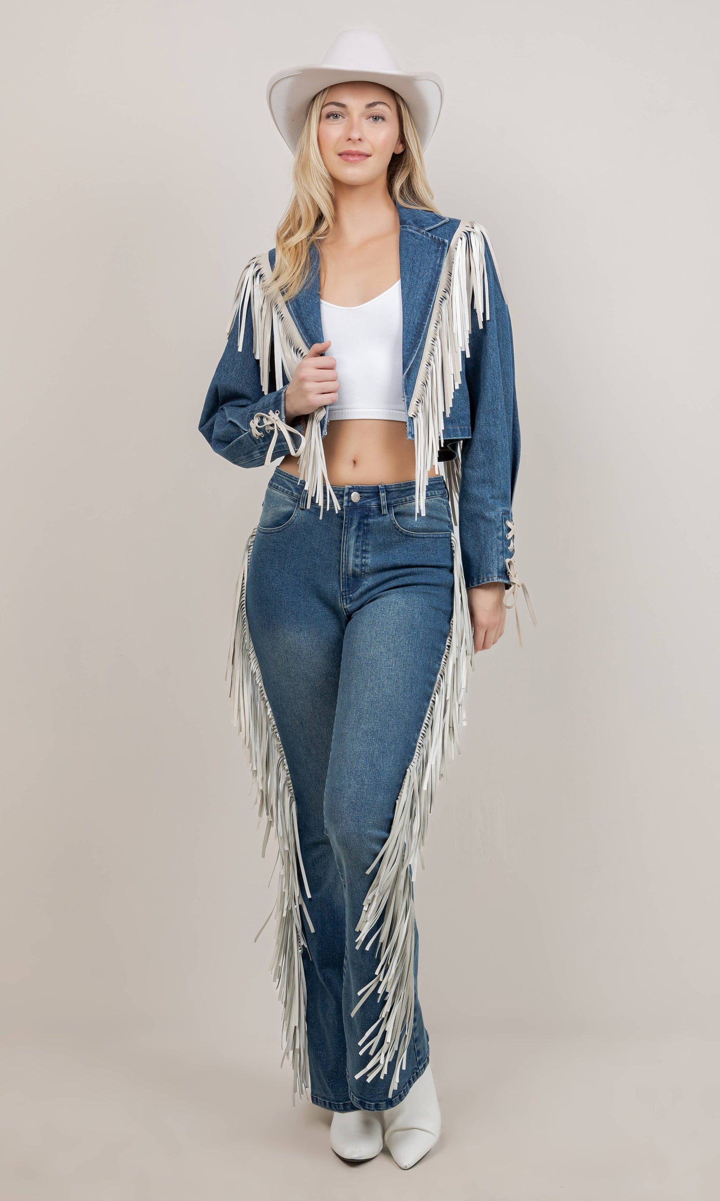 LEXI BELLE MEDIUM WASH FRINGE DENIM PANTS
