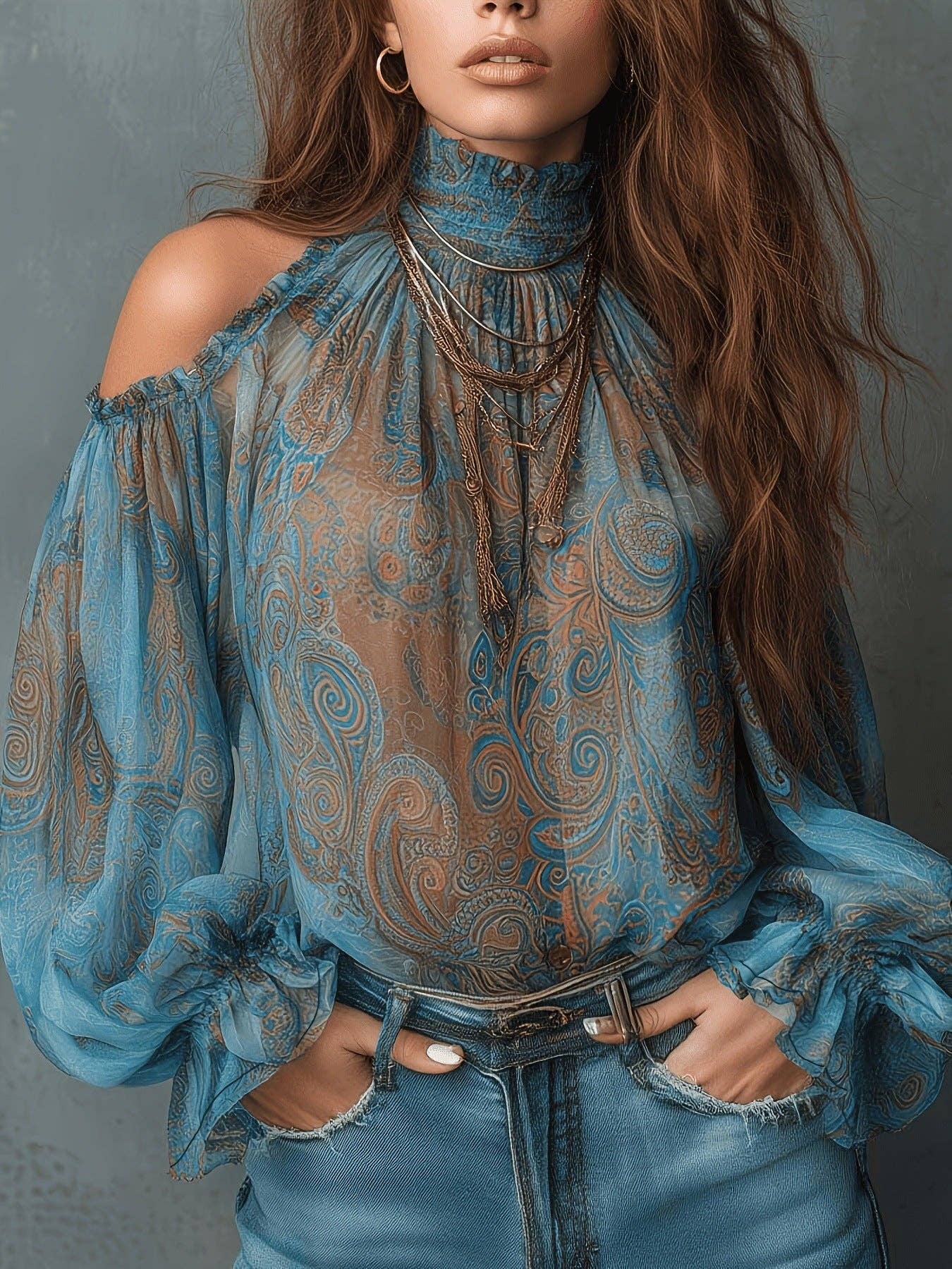 Chic Retro High Neck Off-Shoulder Chiffon Blouse with Lantern Sleeves