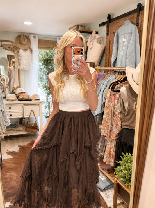 Backroads Layered Ruffle Midi Skirt