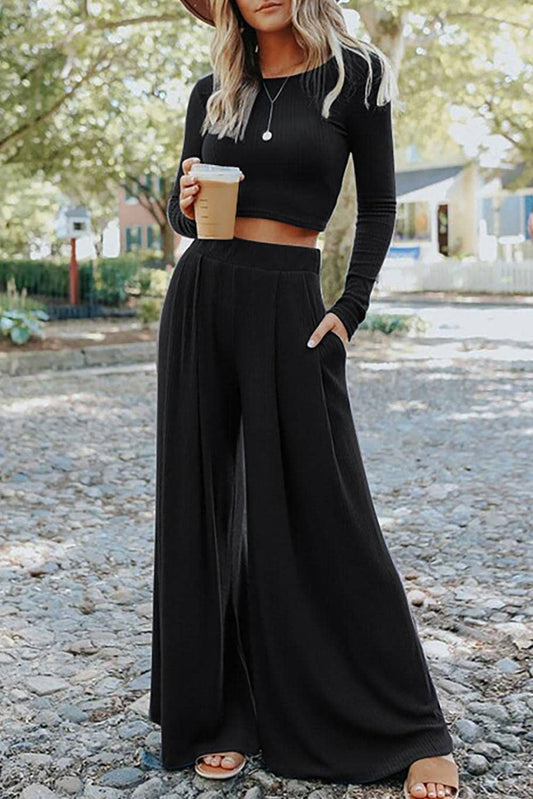 Black Ribbed Crop Top Long Pants Set