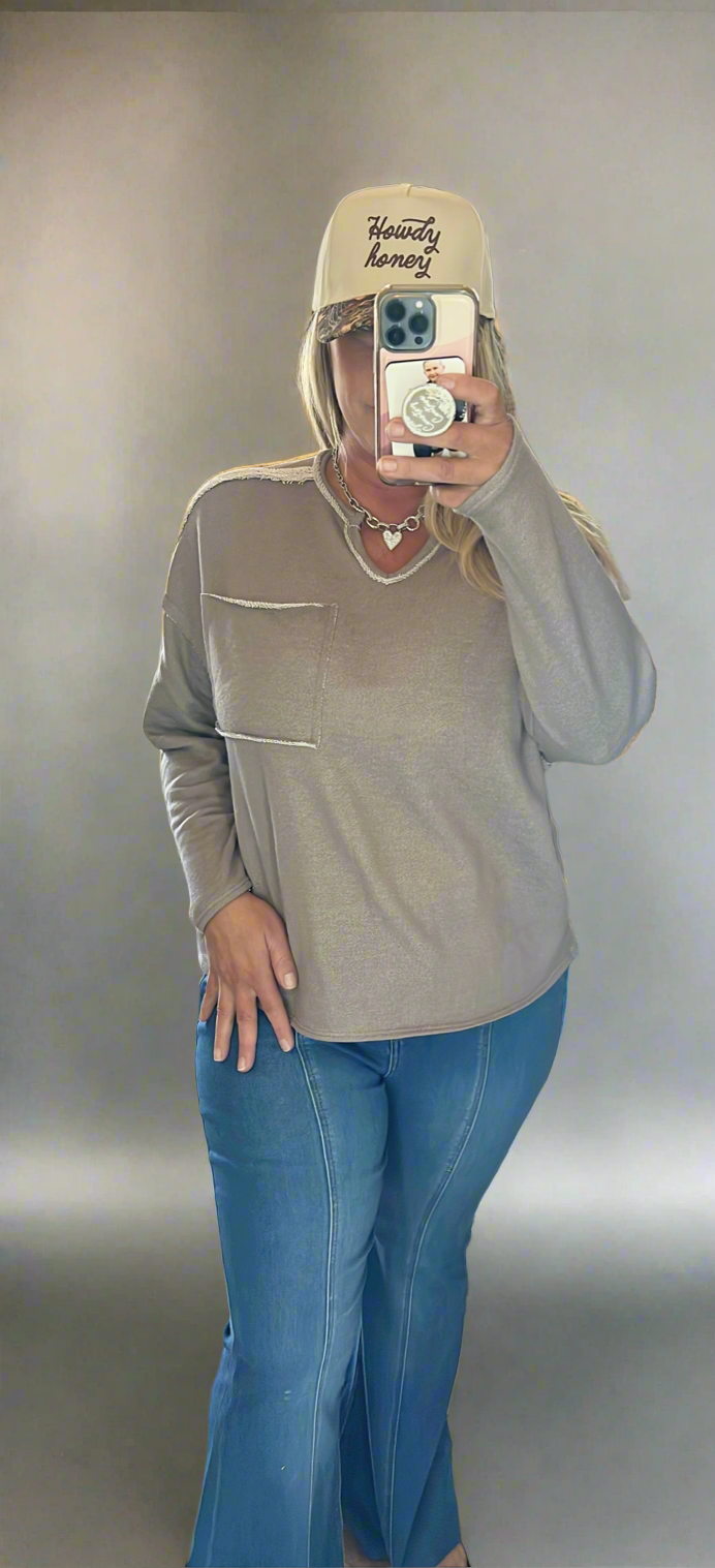 Taupe Pocket V-Neck