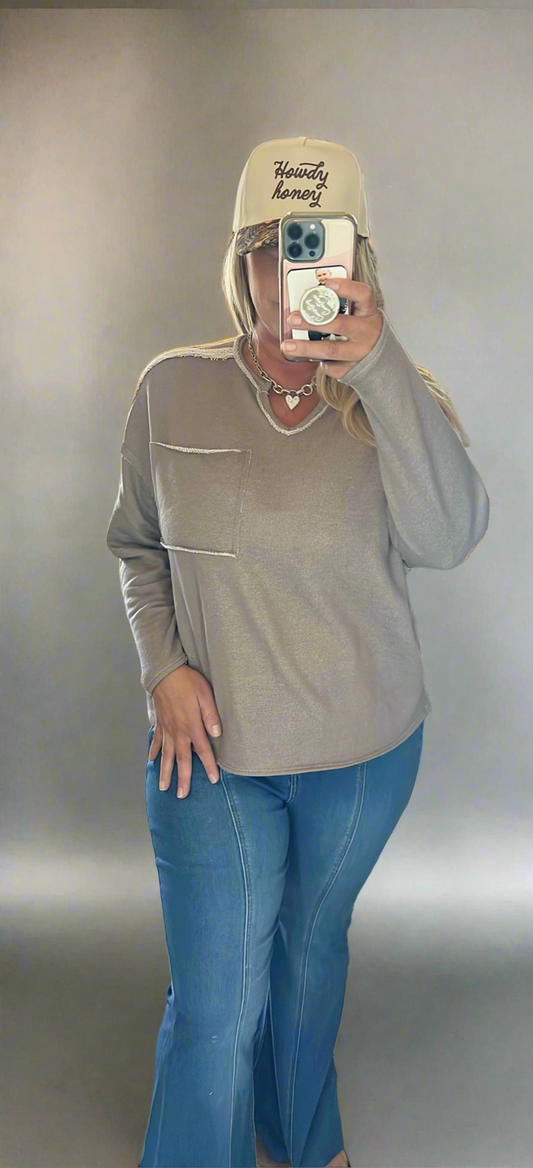 Taupe Pocket V-Neck
