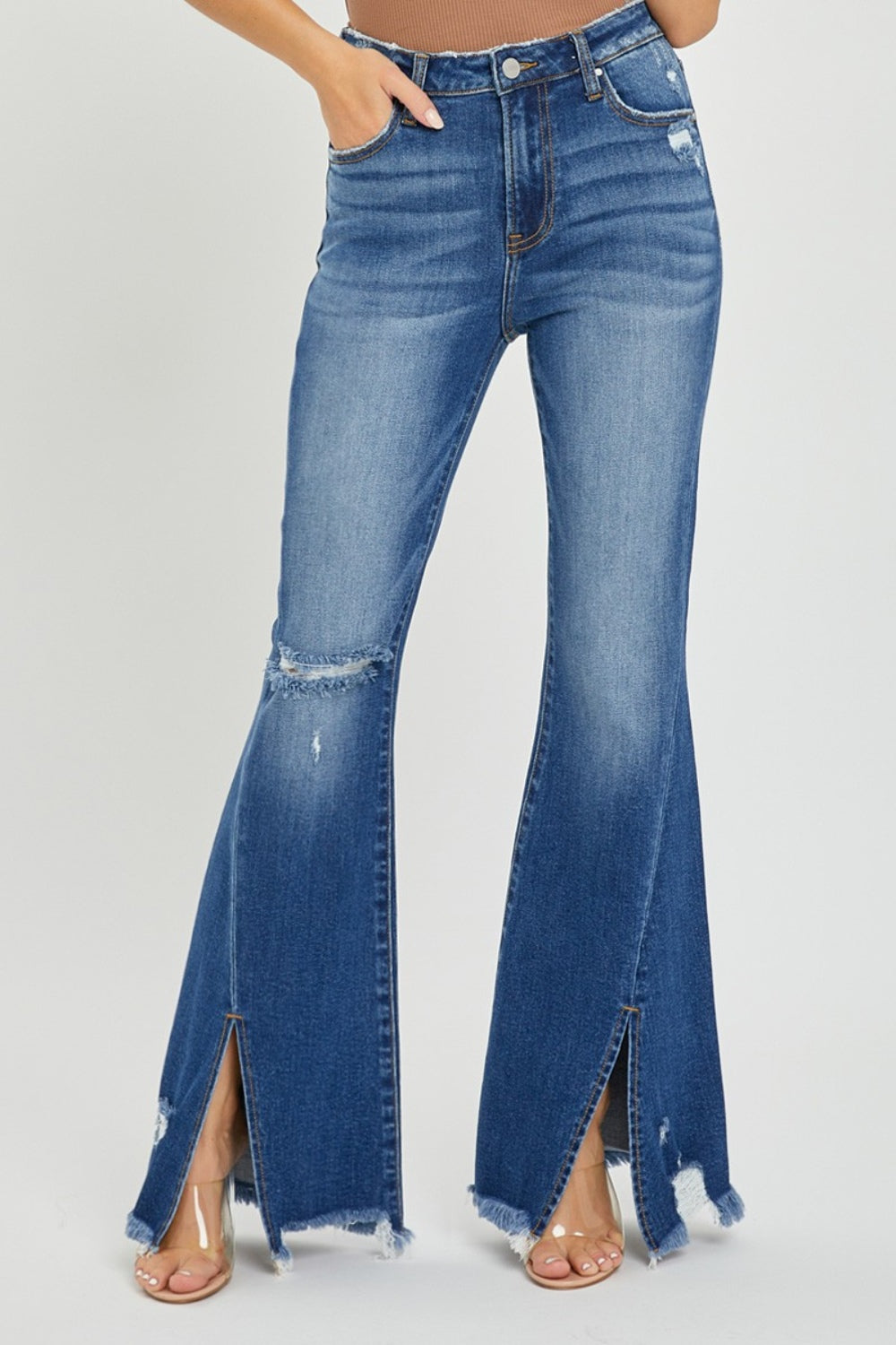 RISEN High Rise Front Slit Frayed Hem Flare Jeans *Online Only*