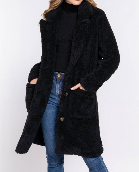 Long Sleeve Notched Collar Patch Pocket Sherpa Coat