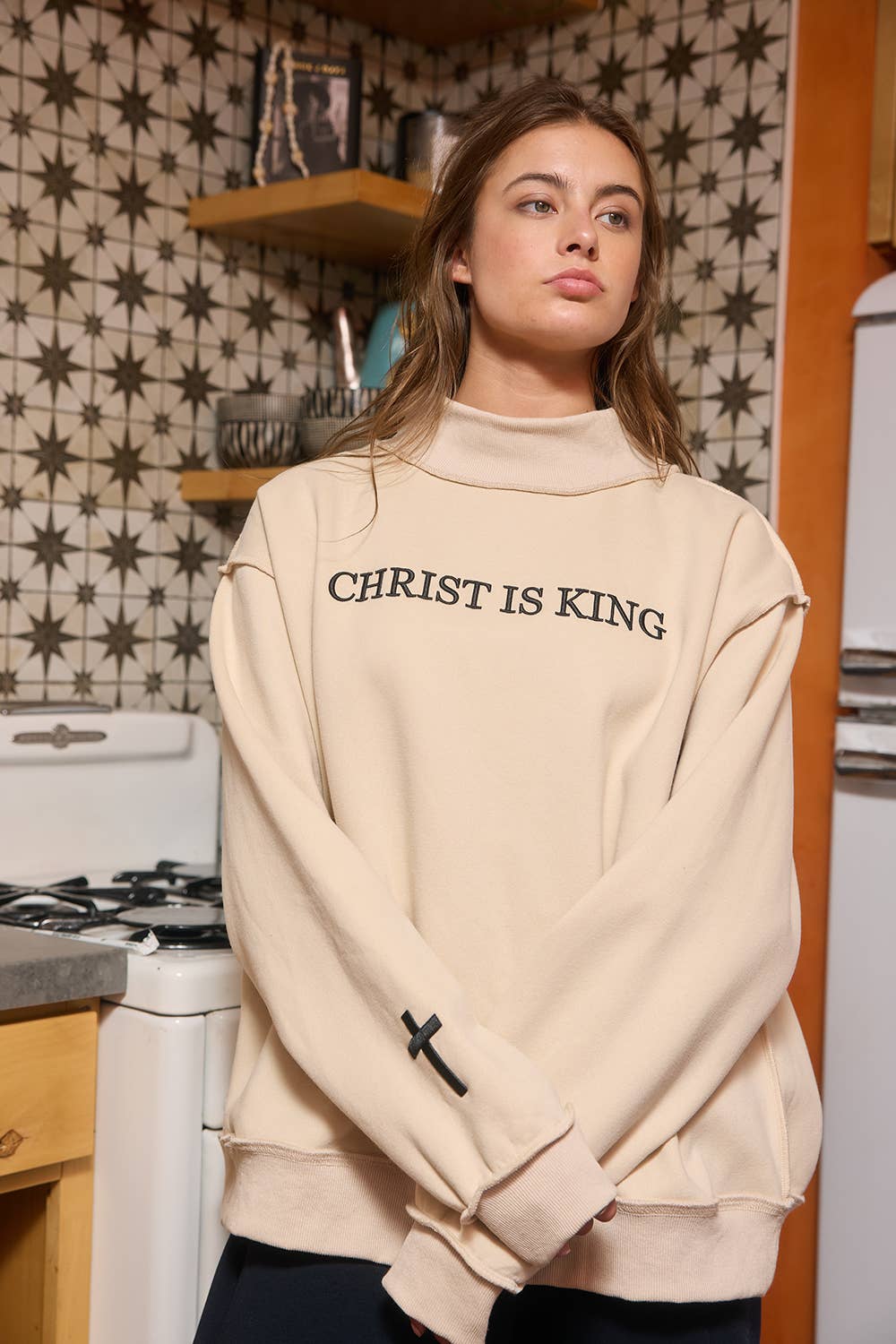 CHRIST IS KING Embroidered Mock Neck Sweats