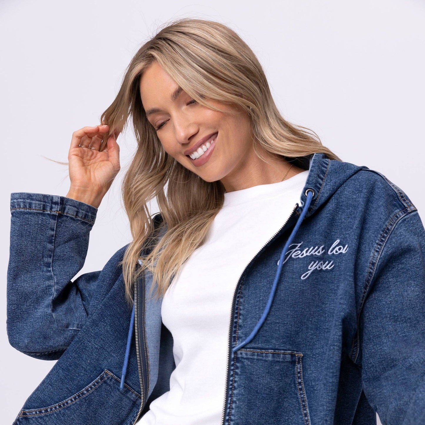 Vintage Washed Jesus Loves You Denim Hoodie