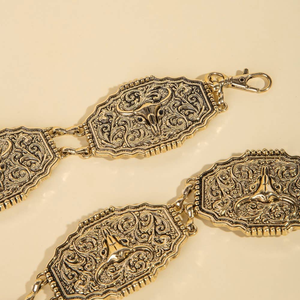 Western Bull Skull Engraved Concho Chain Belt