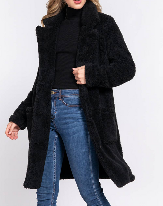 Long Sleeve Notched Collar Patch Pocket Sherpa Coat
