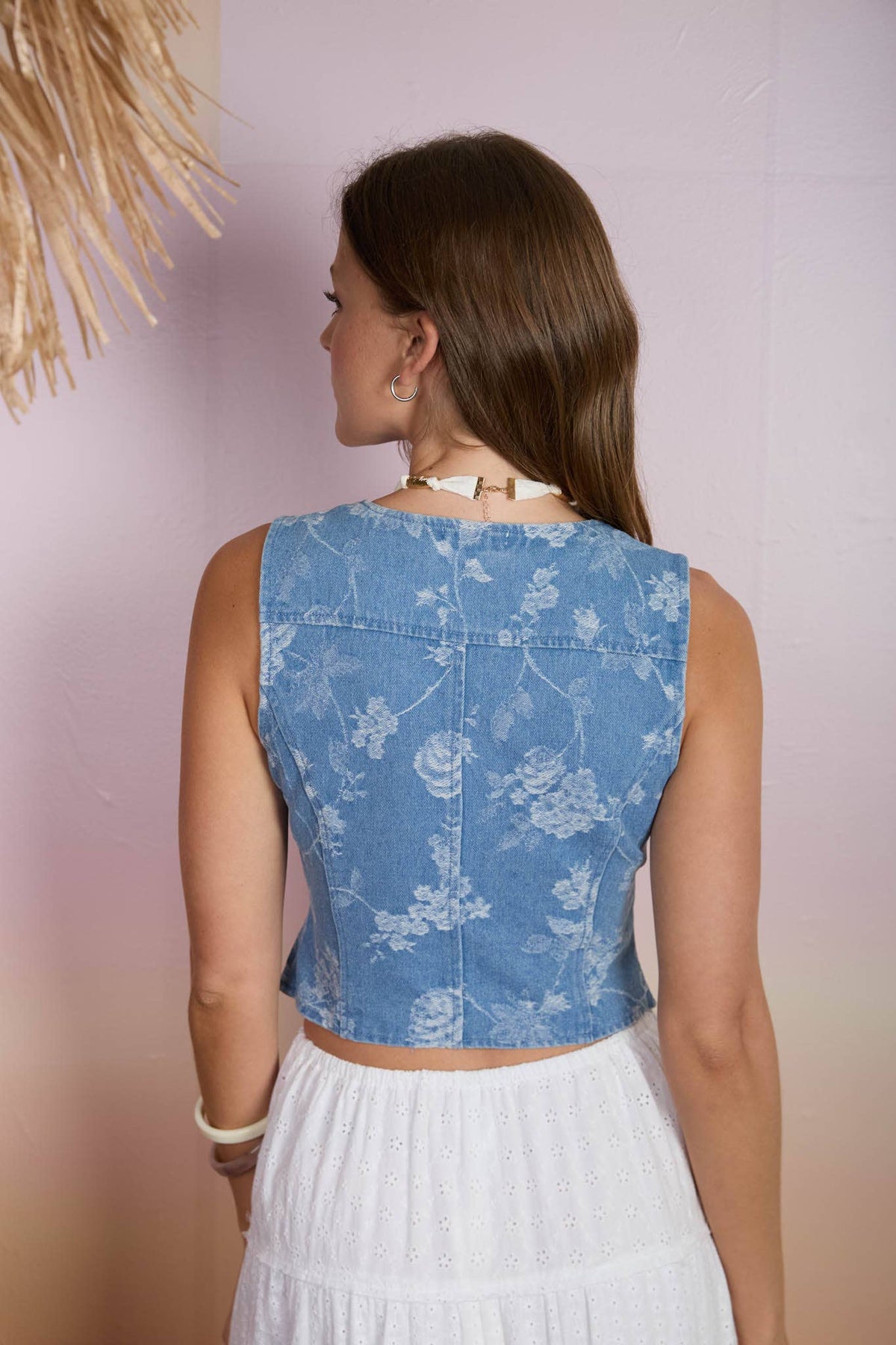 FLORAL JACQUARD BUTTON DOWN DENIM VEST