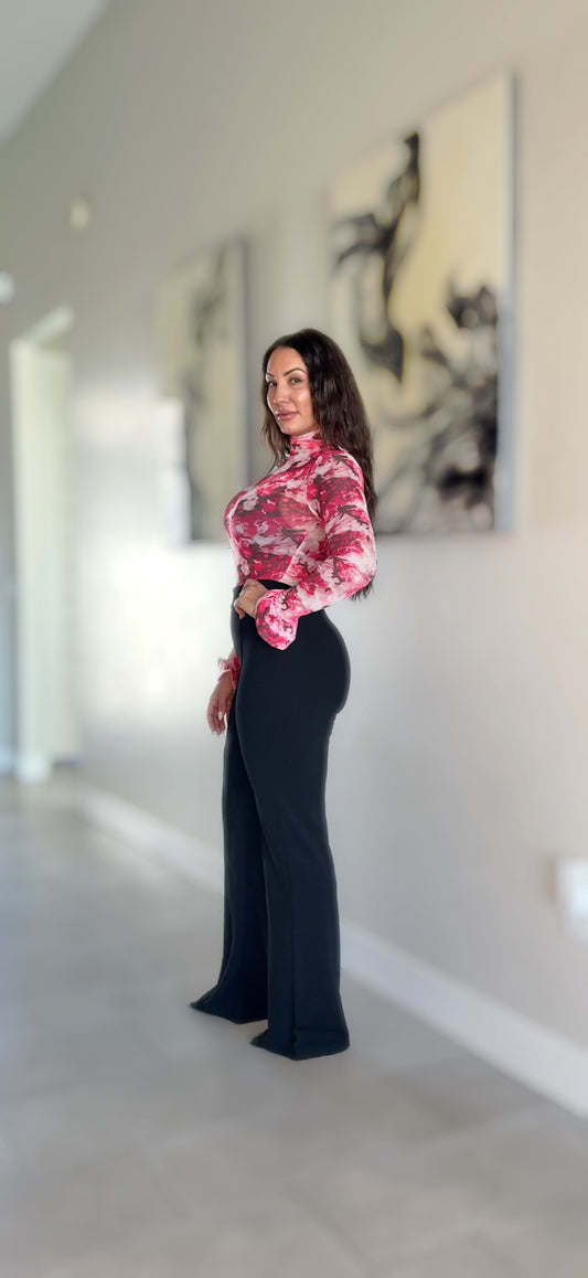 Stephanie Floral Hot Pink Mesh Mock Neck Blouse