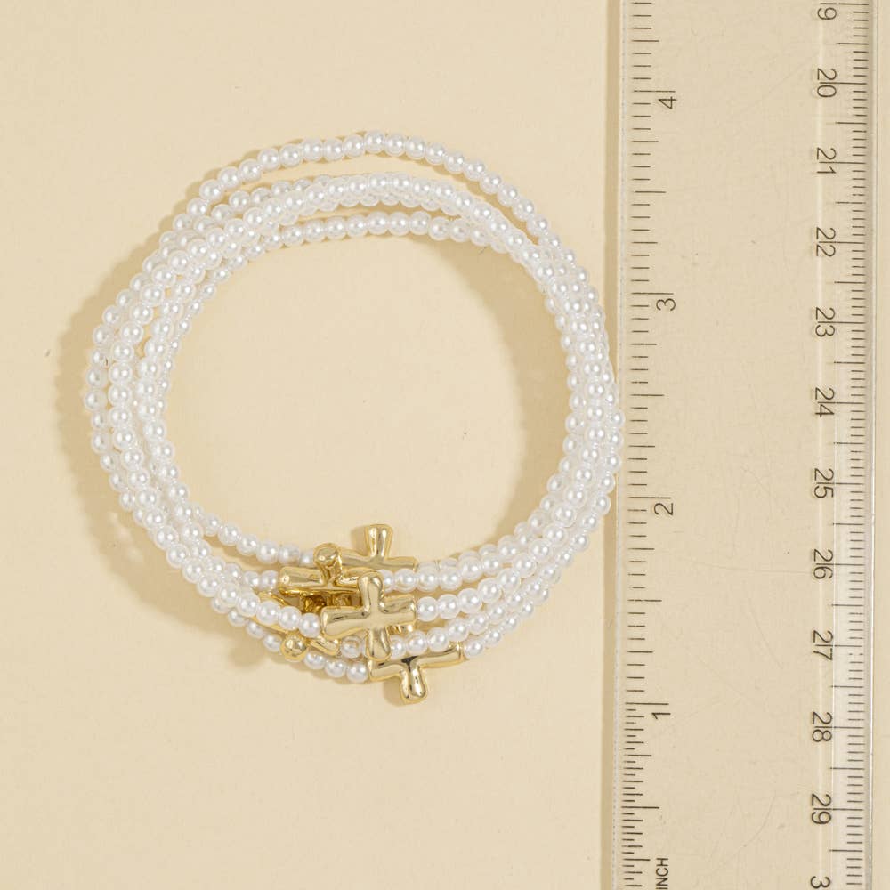 Pearl Strand Cross Bead Bracelet Set