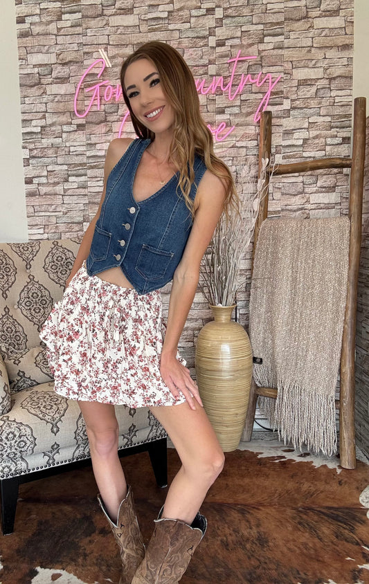 Floral smocked mini skirt