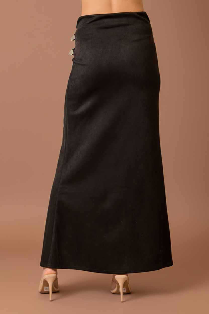 Western Faux Suede Maxi Skirt with High Slit