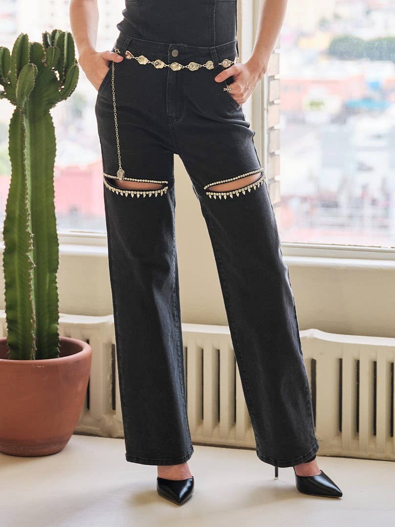 Black Jean Rhinestone Washed Denim Jeans