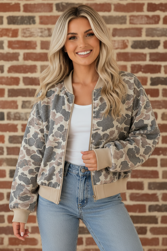 OMG! Camo Colorblock Trim Zip Up Bomber Sweatshirt