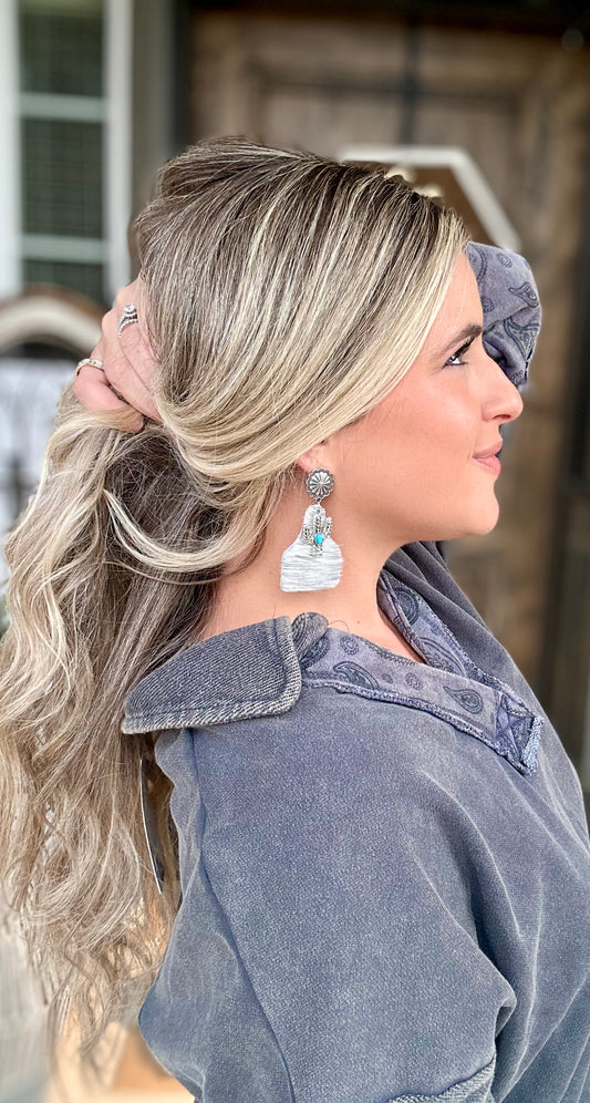 Western Animal Print Leather Cactus Turquoise Earrings