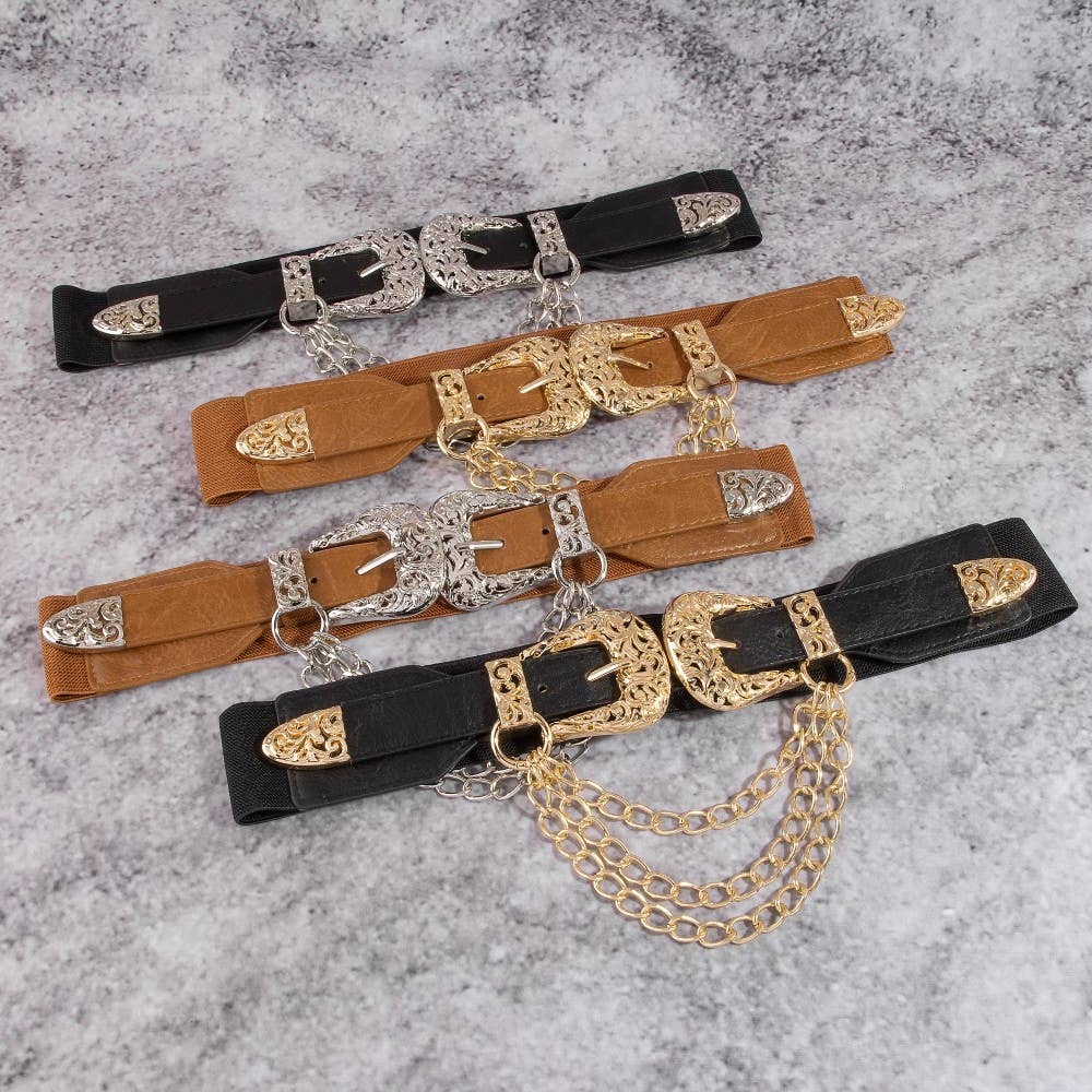 Gold Double Buckle Chain Detail Vegan Leather Belt