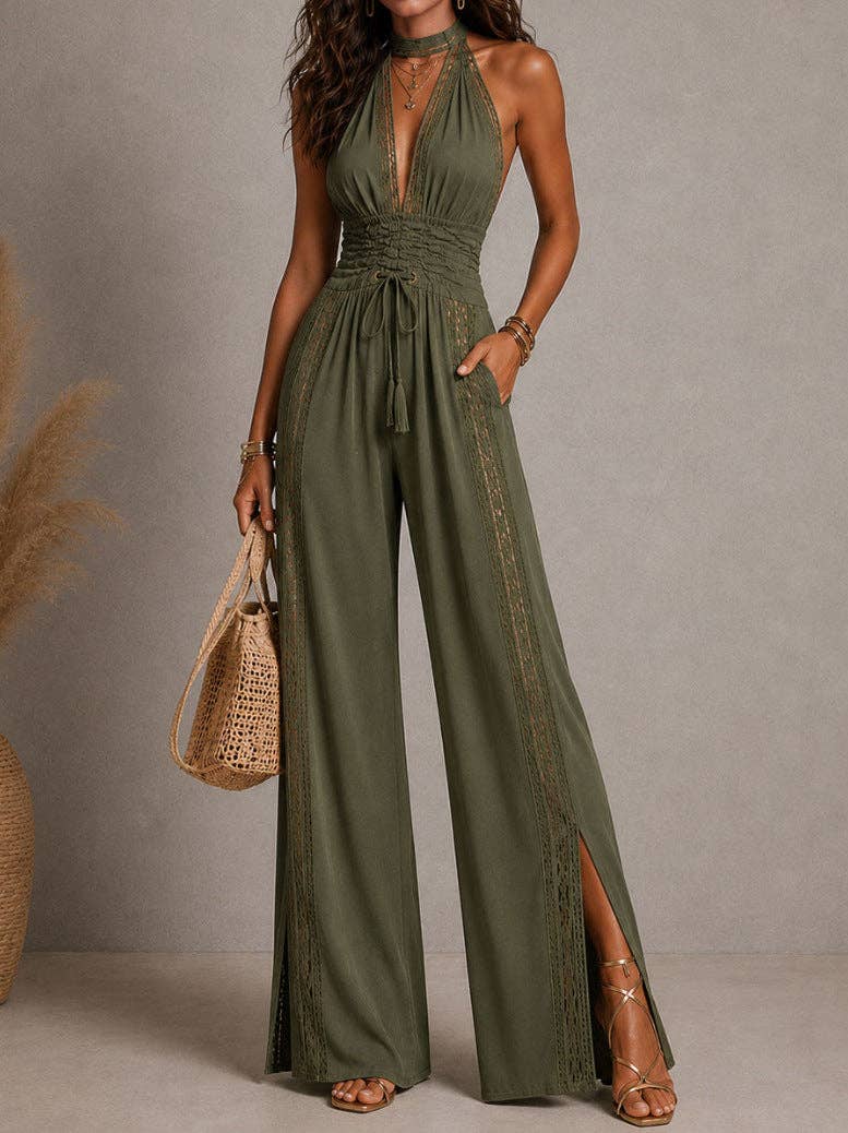 Bohemian Lace Deep V-Neck Jumpsuit with Wide Legs