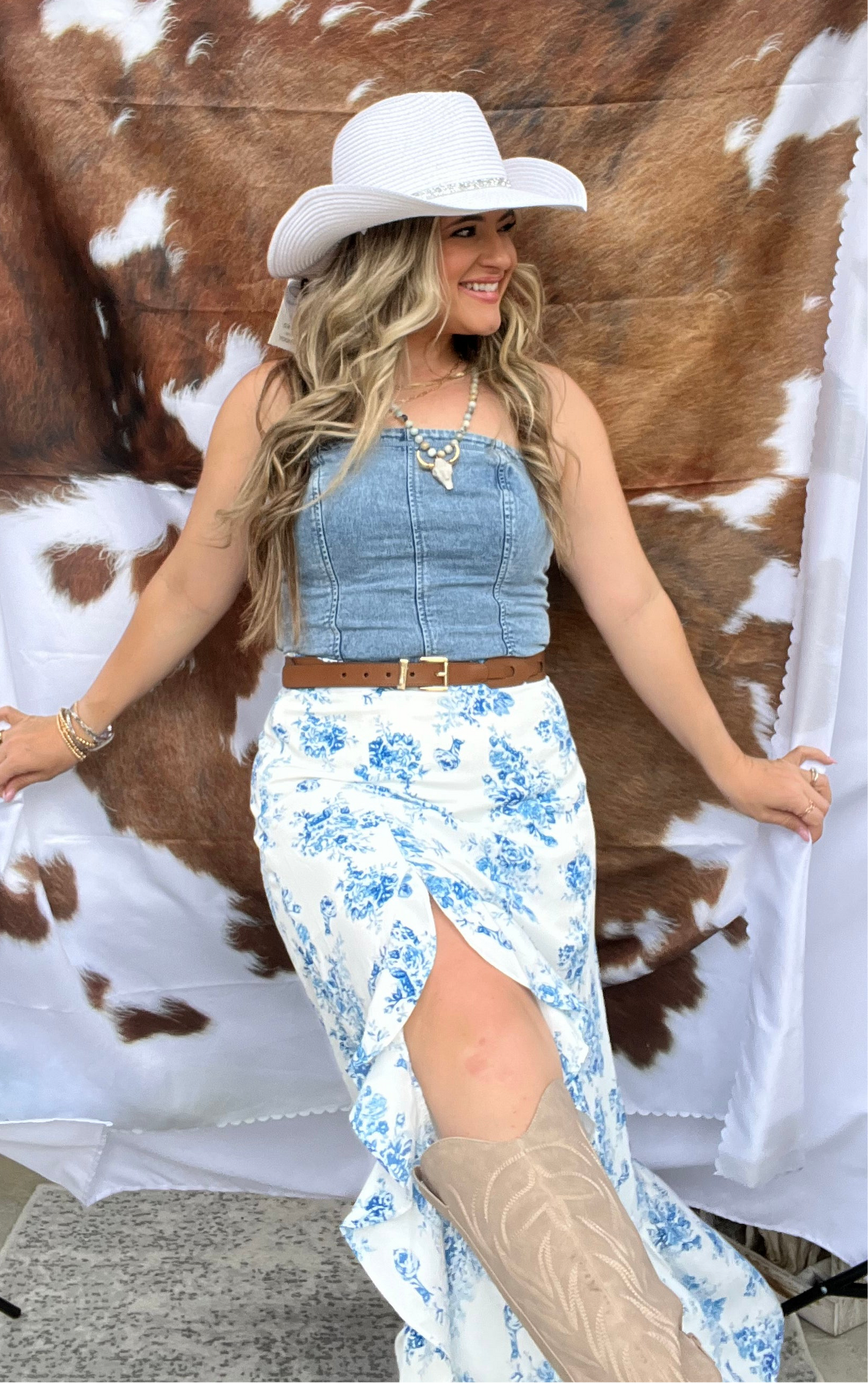 Ashley Boho Floral Ruffle Split Maxi Skirt