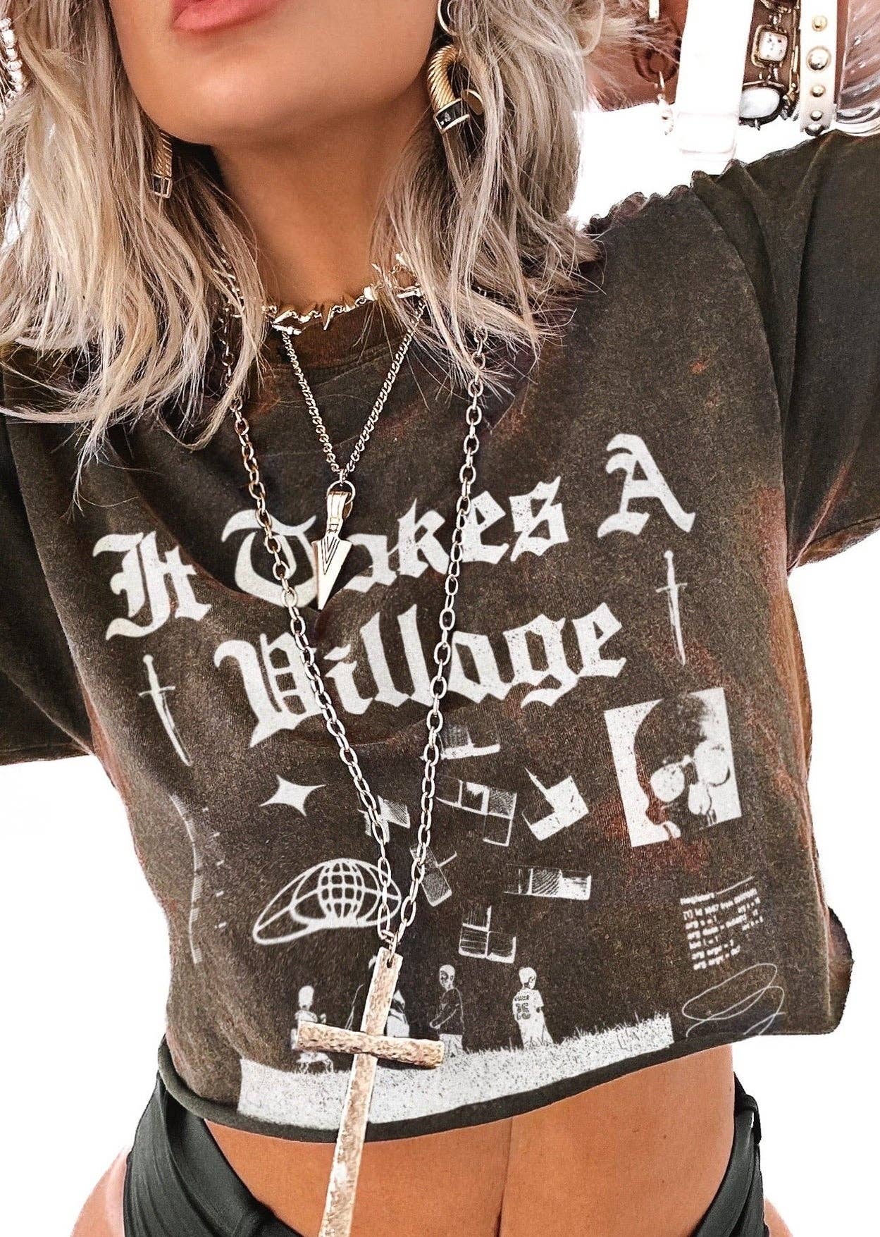CROPPED IT TAKES A VILLAGE DESTRUCTED SIDE SLIT TEE